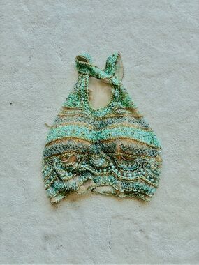 Embellished Mint Beaded Halter Crop Top